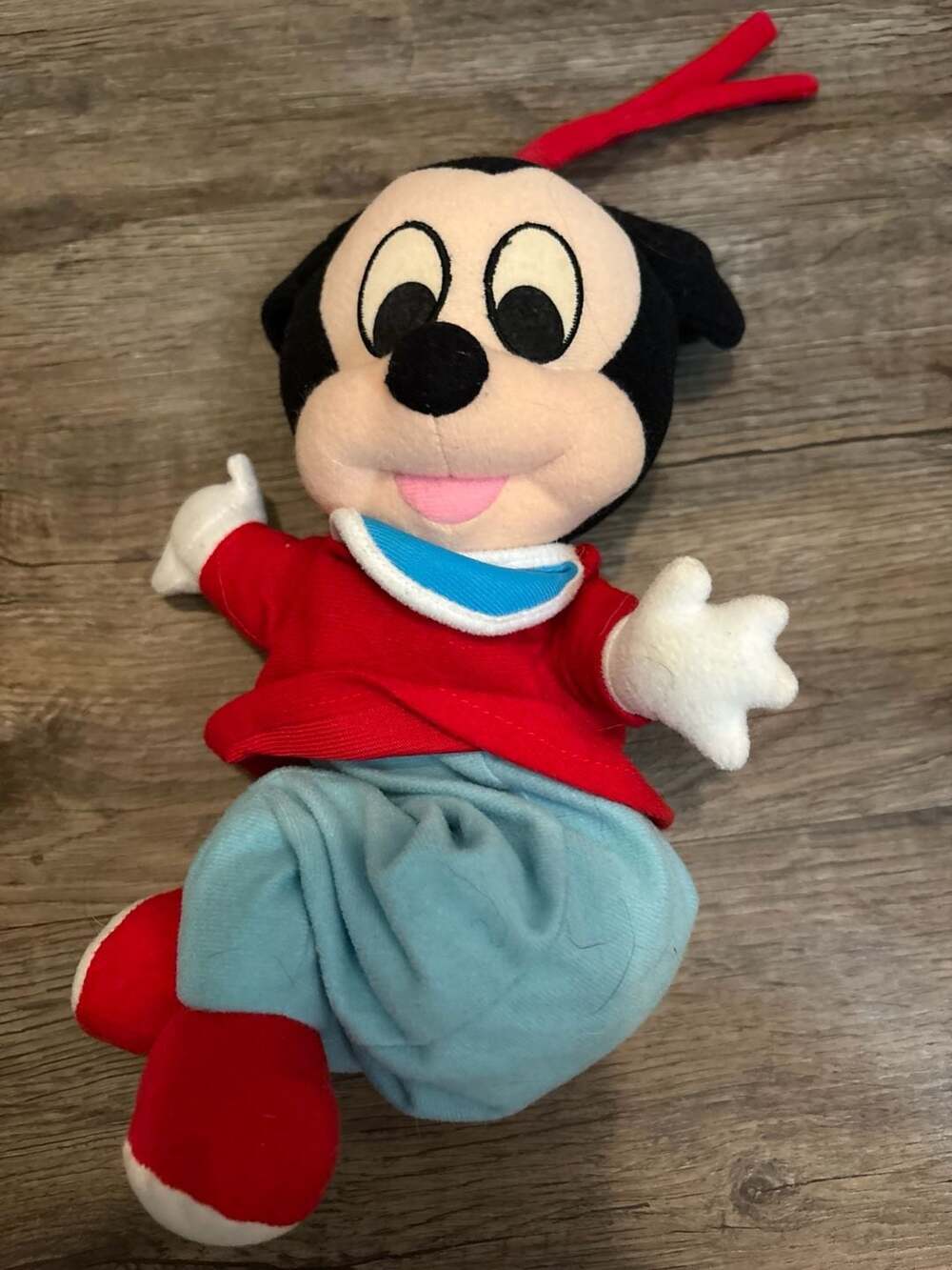 Vintage Disney Baby Mickey Mouse Plush Hanging Toy Red Shirt Blue Pants 8"